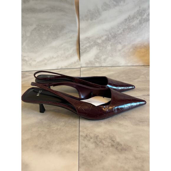 Mango MNG Crocodile Kitten Heel Shoes Burgundy Size 10 Slingback Pointed - Picture 1 of 8